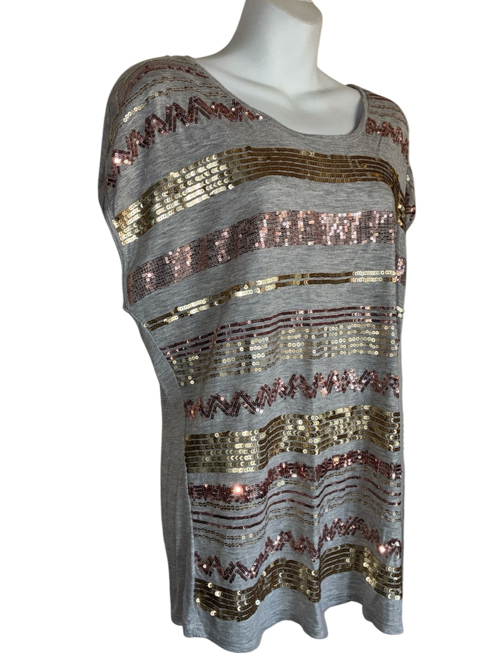Coldwater Creek Sparkling Tee, Women's L, Grey, Gold /Copper Sequin Stripes. Euc